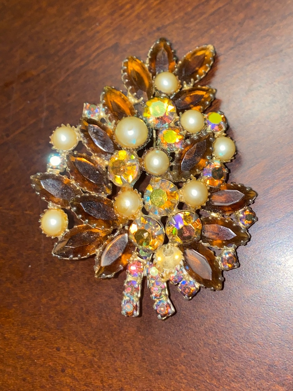 Vintage 1950s Amber Topaz Marquise Rhinestone & Faux Pearl Floral Spray Brooch